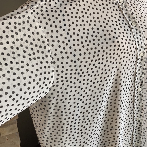 Zara oversized white sheer blouse black polka dots high ruffle neck button down - Picture 2 of 15